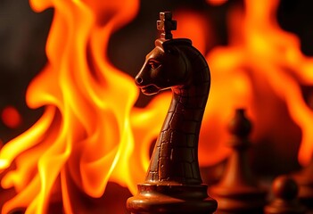 Close-up of a chess queen figurine engulfed in flames, burning fiercely,  background,  photography