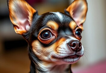 Close-up of a tiny chihuahua, ears perked, expressive eyes, canine, pet