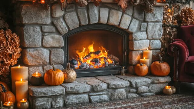 A cozy autumn hearth decorated with pumpkins and candles, a rustic scene of warmth and comfort, perfect for Thanksgiving, Halloween, and fall holiday backgrounds.