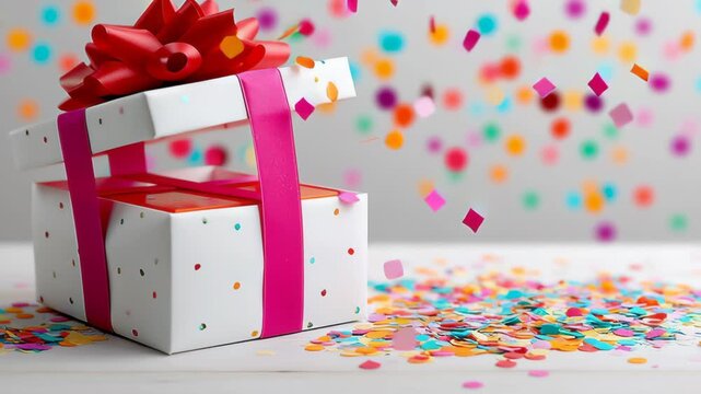 Gift box adorned with a vibrant red bow is being opened, revealing colorful confetti cascading around, creating a festive atmosphere filled with excitement and anticipation for the surprise inside