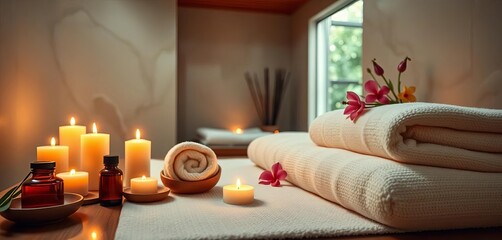 Serene spa setting with essential oils, candles, and plush towels, health, serenity