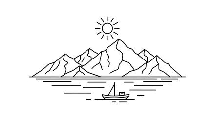 Simple line art landscape of mountains, lake, and boat under sun