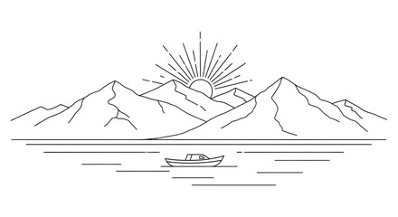 Simple line art landscape of mountains, lake, and boat under sun