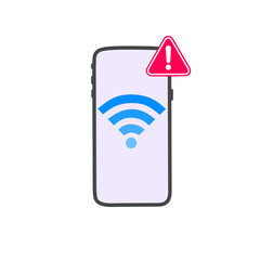 smartphone with a Wi-Fi signal and warning error sign, symbolizing network problem, weak internet connection, connectivity error, and wireless failure.