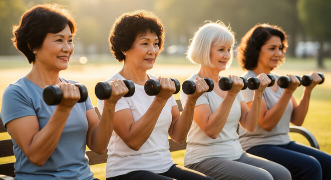 Group of happy senior Asian women exercising together with dumbbells in a sunny park, promoting an active and healthy lifestyle