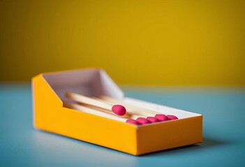 Fototapeta premium A tiny, brightly colored matchbox, slightly open, revealing a few matches , packaging, container