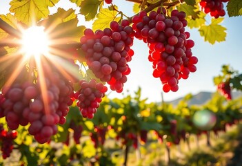 Sunlight dapples ripe red grapes hanging on vine, ready for harvest,   wine glass,  agriculture