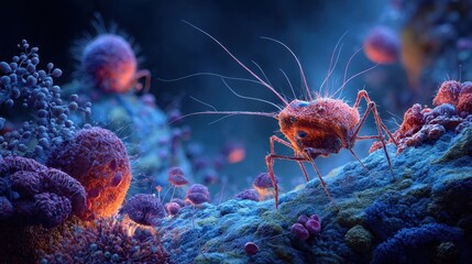 Sci-fi style digital illustration of a virus or bacteriophage infecting a cell with detailed textures and glowing effects in a microscopic environment.