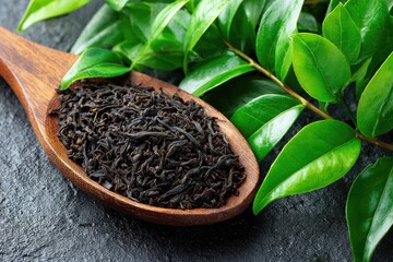 Dark tea leaves in wooden spoon, vibrant green leaves
