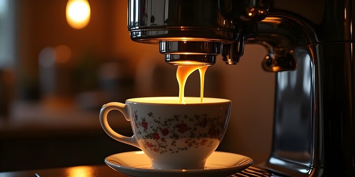 Golden coffee flowing into floral cup
