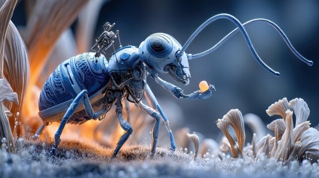 A futuristic, detailed robotic ant interacts with a tiny insect, set in a surreal, icy environment with delicate plant-like structures around. - Powered by Adobe