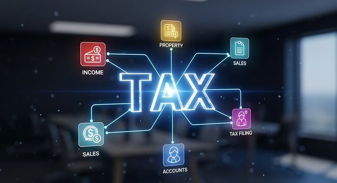 Digital Tax Concept with a Glowing Flowchart of Icons for Income, Property, and Sales