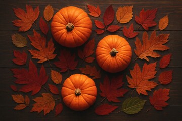 Autumnal Still Life Pumpkins and Vibrant Fall Leaves