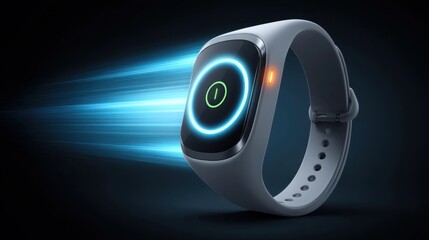 A sleek futuristic smartwatch emits a glowing blue light, highlighting its power button with a modern, high-tech design.