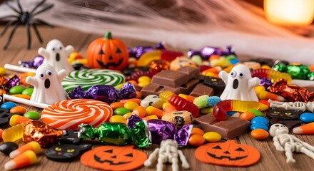 A halloween candy assortment with ghosts, pumpkins, and spider decorations on a wooden surface