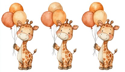 Three cute cartoon giraffes, each holding a bunch of pastel-colored balloons.  Watercolor-style illustration, showcasing a playful, whimsical, and child-friendly theme