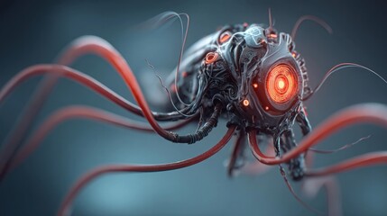 Futuristic robotic entity with glowing red core and multiple flexible tentacles in a dark, sci-fi environment.
