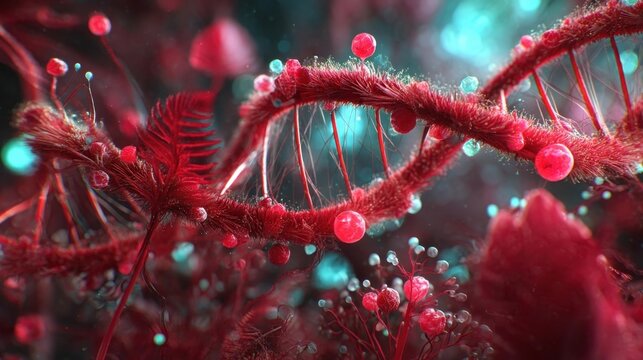 A close-up digital illustration of a red DNA double helix structure with spherical molecules against a blurred blue and red background. - Powered by Adobe