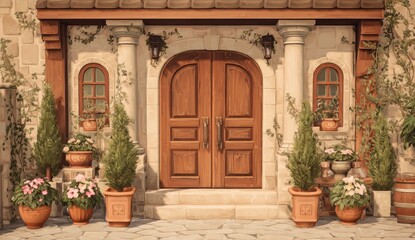 A sun-drenched, charming stone exterior with a grand wooden door