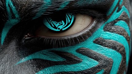 Close-up of an eye featuring intricate blue and black tribal face paint with detailed patterns and striking visual contrast.