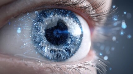 Close-up of a human eye with digital and futuristic light effects, symbolizing vision, technology, and data visualization.