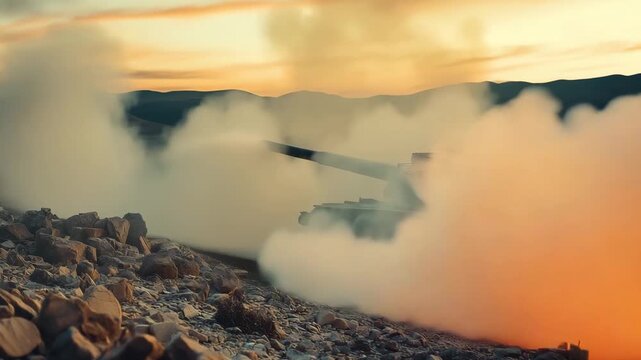 A tank navigates rocky terrain while kicking up dust and smoke at sunset, highlighting military capability and tactical movement