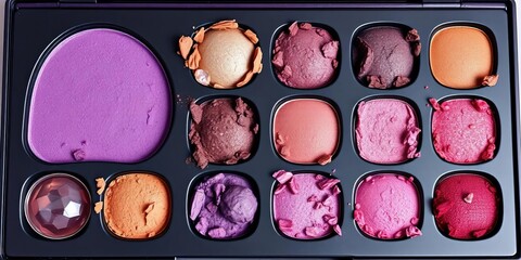 Crystalline eyeshadow palette, amethyst & rose quartz hues, macro, crystals