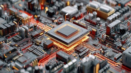 A close-up of a futuristic electronic circuit board featuring a central microchip with glowing data pathways.