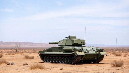 A lone tank sits amidst barren landscape, turret facing away,   destroyed,  wasteland