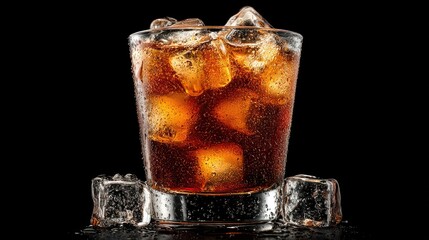 A glass of dark soda with ice cubes