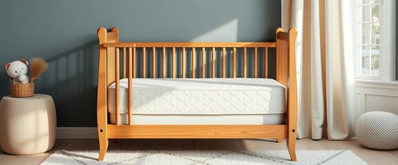 Elegant handcrafted crib, natural wood, plush mattress,   organic cotton,   natural materials