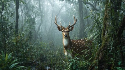 Misty forest, deer amidst lush foliage