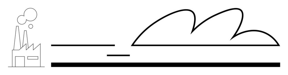 Smoke rises from factory chimneys while a cloud expands with dynamic horizontal lines highlighting motion. Ideal for industry, pollution, environment, energy, climate change, sustainability, simple