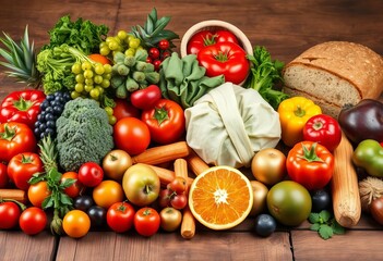 Assortment of fresh fruits, vegetables, and bread on rustic wooden table, food,  vibrant