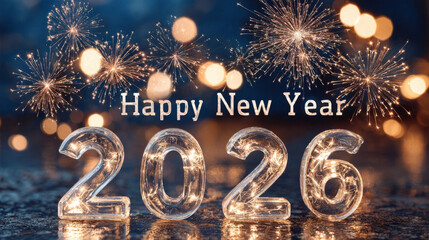 Happy New Year 2026 sparkling glass numbers