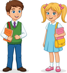 Cartoon school boy and girl holding books, students illustration, back to school, happy children learning, classroom education, study, knowledge concept