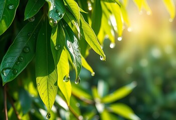 Glistening raindrops cling to vibrant green leaves, sunlight reflecting, outdoor, realistic