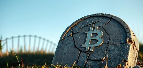 Cracked, weathered gravestone with BTC symbol etched in,  death,  blockchain