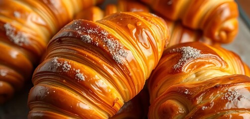 Golden-brown croissants, flaky layers, buttery texture,  shadow,  overhead