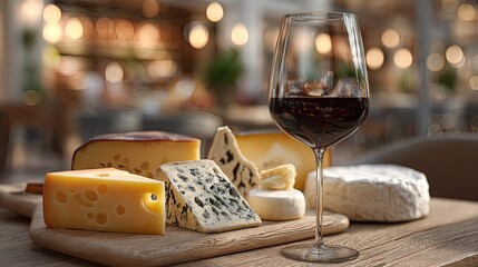 Wine and assorted cheeses on wooden board