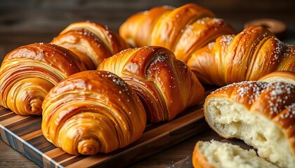 Golden-brown croissants, rustic bread, flaky pastries on wooden board,   food styling,  homemade