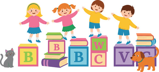 Happy children playing with alphabet blocks, colorful books, cute cat and dog, preschool learning activity, kids education, fun cartoon illustration