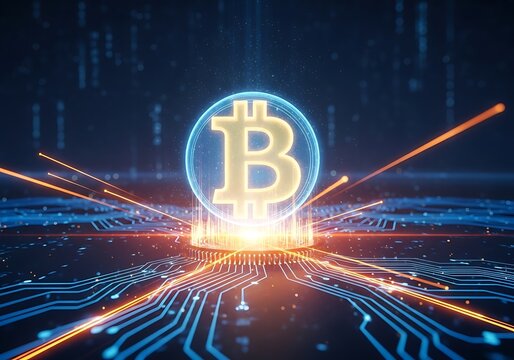 Glowing bitcoin symbol at the center of a digital circuit board, radiating light and energy, symbolizing digital finance