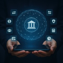 Depicting financial technology and digital banking operations, the image presents a person holding a mobile device displaying network connections around a central bank building icon.