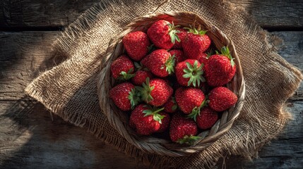 Fresh strawberries in a woven basket on rustic wooden planks