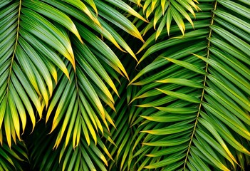 Intricate texture of overlapping palm leaves, creating a natural, tropical backdrop,   green background,  greenery