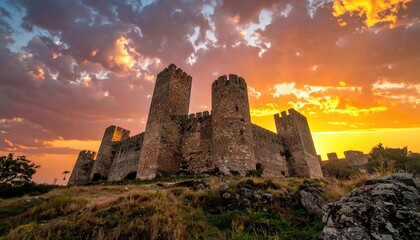 Fototapeta premium Ancient Stone Ruins on Hillside with Vibrant Orange Sunset Sky and Clouds Historic Architecture and Golden Hour Light and Field Landscape
