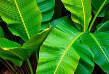 Large vibrant green banana plant leaves, tropical foliage, backdrop, lush