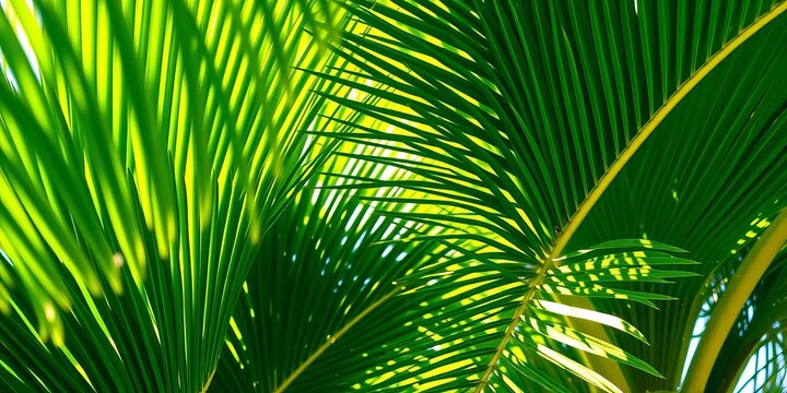 Fronds of a palm tree, lush green, sunlight dappled, palm leaves,   palm frond