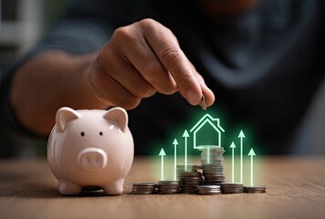Hand placing coin on piggy bank next to a stack of coins, with graphic of a house and rising arrows